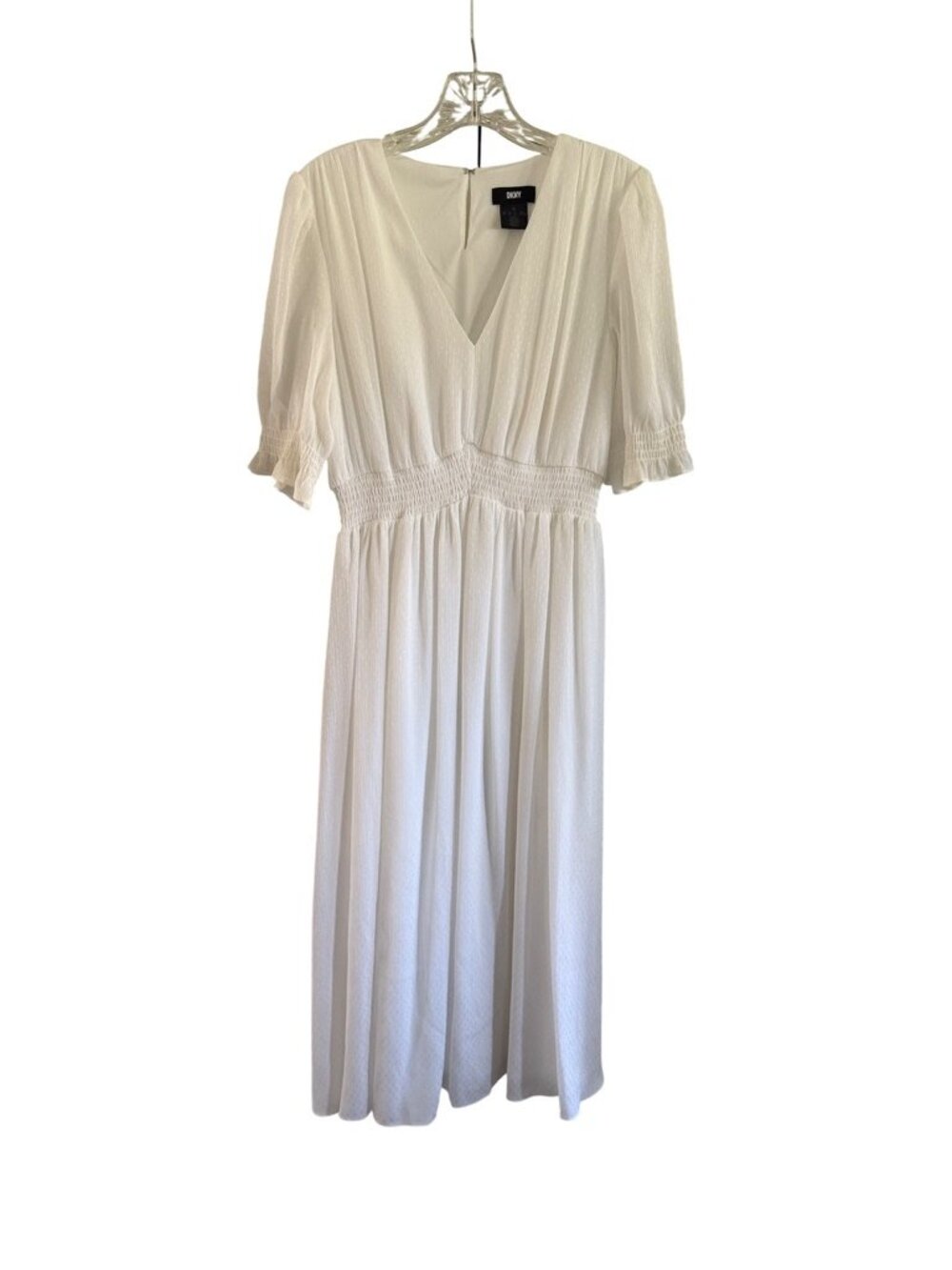 DKNY Smocked-Sleeve Midi Dress | White/Ivory | Feminine Flowy V-Neck | Size 10